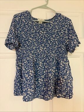 URBAN Romantics Blue and White Floral Smocked Peplum Top